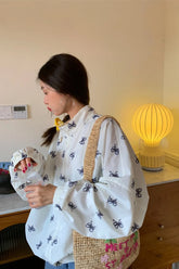 Casual Bow Printed Stand Neck Retro Zipper Jacket